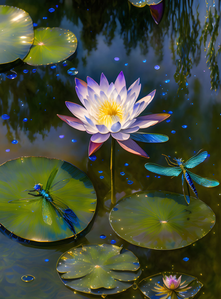 Colorful water lily and dragonflies in serene pond scene