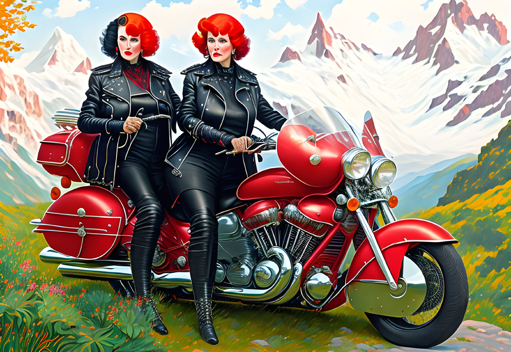 Two women in black leather outfits with red hair by red motorcycle in mountain setting