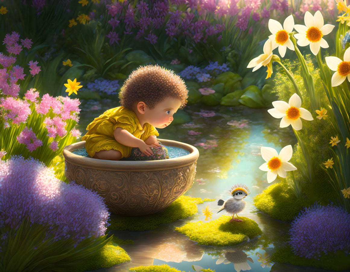 Infant in yellow outfit sitting in bowl surrounded by flowers and gazing at bird