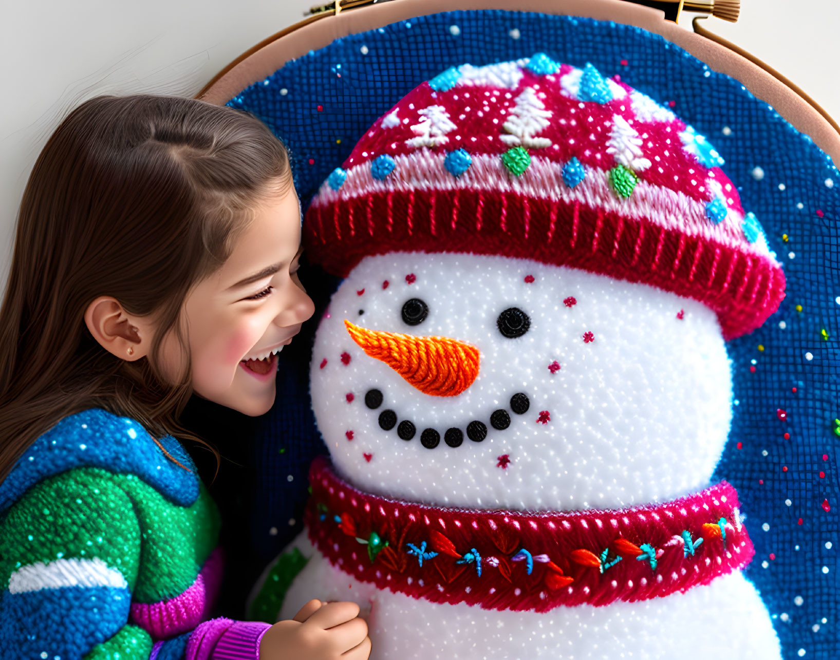 Colorful Embroidered Snowman with Laughing Girl