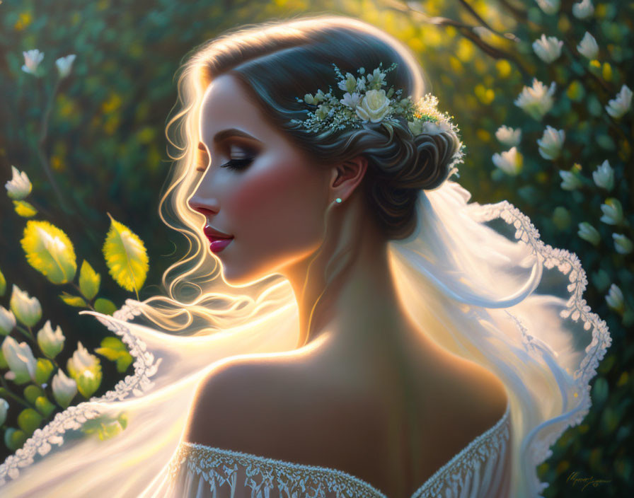 Radiant bride with flowing hair and floral adornments in enchanting nature setting