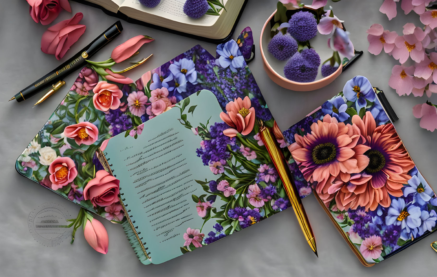 Floral notebooks, pens, roses, purple flowers, and open book on gray background