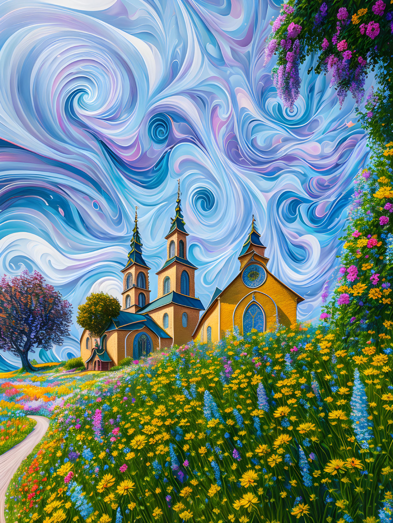 Colorful Church and Wildflower Meadow Painting with Swirly Sky