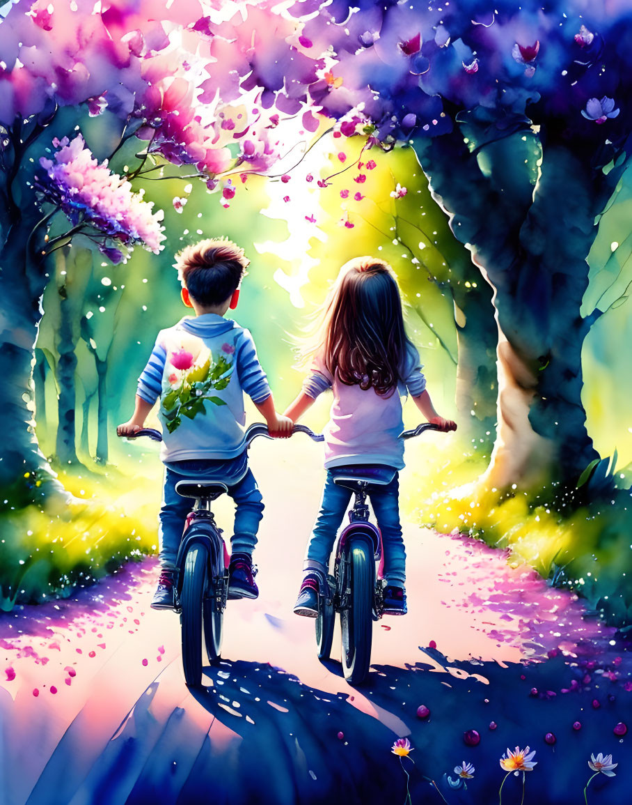 Children riding bicycles down sunlit path with blooming trees