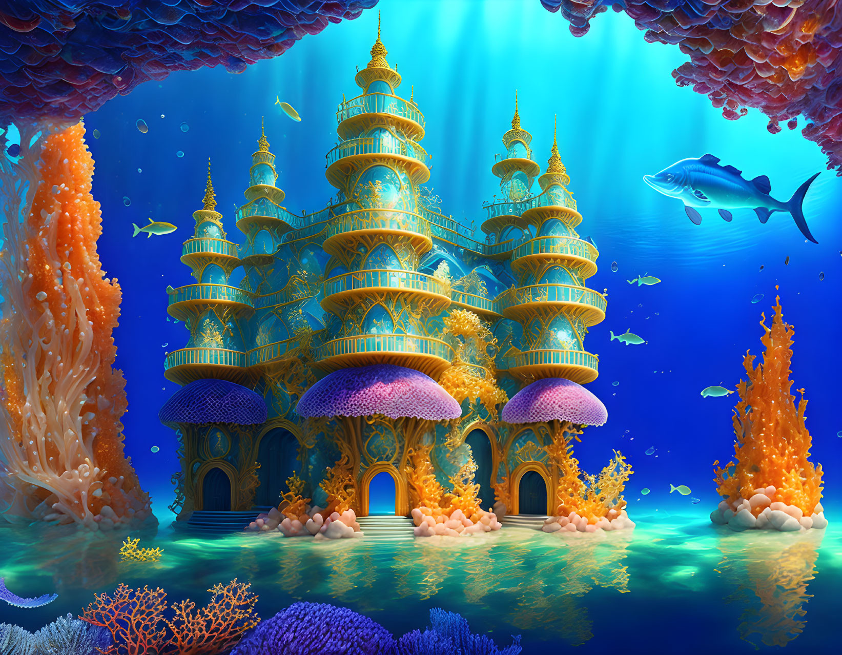 Colorful Underwater Fantasy Scene with Golden Pagoda and Coral Reef