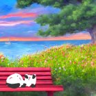 White Cat Relaxing on Red Bench by Serene Lake with Sailing Boat & Sunset Sky