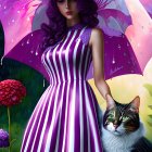 Illustrated woman in striped dress with purple umbrella beside cat, vibrant flowers, butterflies