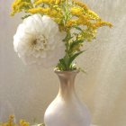 White Vase with Floral Patterns and Dahlia on Lace Background