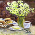 Yellow Flowers, Bread, Butter, and Tea Still Life Painting