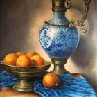 Blue and White Porcelain Jug and Bowl with Oranges on Crumpled Cloth