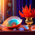 Colorful underwater-themed still life with iridescent shell, coral, and smaller shells on windowsill