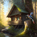 Vibrant woodpecker in forest setting by log cabin and brook