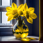 Yellow Tulips in Decorated Vase on Sunlit Windowsill with Snowy Trees View