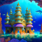 Colorful Underwater Fantasy Scene with Golden Pagoda and Coral Reef