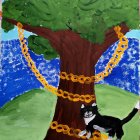 Black and white cat on orange tree branch with whimsical blue houses