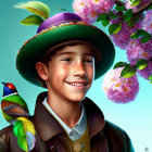 Smiling child in green hat with purple feather next to bird on blooming branch