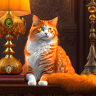 Orange Tabby Cat with Green Eyes Beside Vintage Lamp and Clock