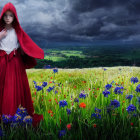 Woman in white blouse and red skirt in colorful meadow with mountains and dramatic sky