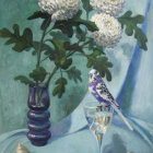 Bird perched on wine glass with grapes, shells, and flowers on patterned backdrop