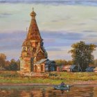 Tranquil autumn landscape with colorful foliage, wooden church, and serene lake