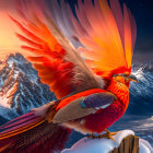 Mythical bird resembling a phoenix on cliff with snowy mountains & twilight sky