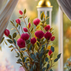 Colorful red and blue flower bouquet in vase with blurred alley scene