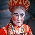 Smiling woman with braided hairstyle in red and gold traditional outfit