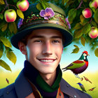 Illustration of a smiling young male with a flower hat and colorful bird