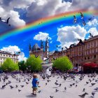 Child with pigeons under rainbow in city square with historical buildings.