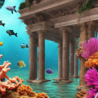 Colorful fish swim around ancient submerged columns in vibrant coral scene