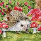 Smiling hedgehog with vibrant mushrooms and greenery