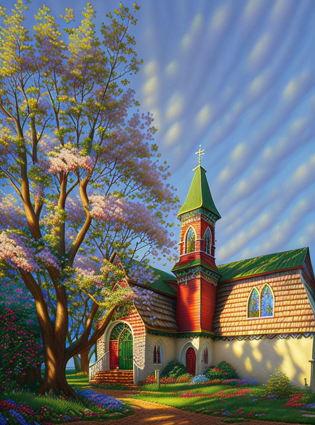 Red steeple church in scenic landscape with trees and flowers