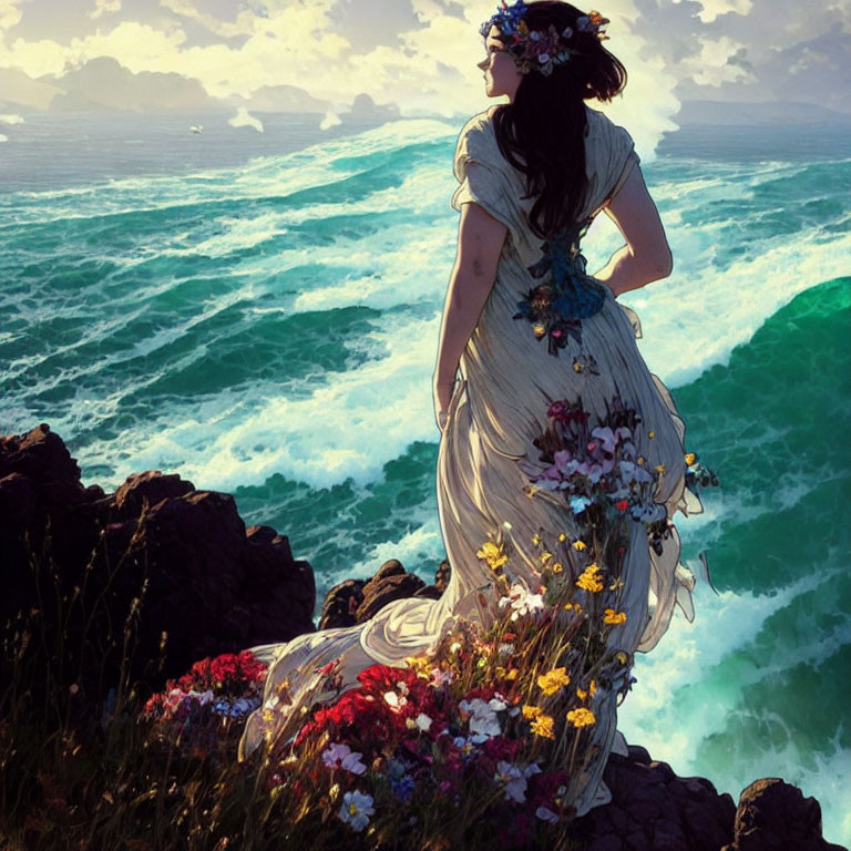 Woman in flowy dress admiring ocean waves on cliff