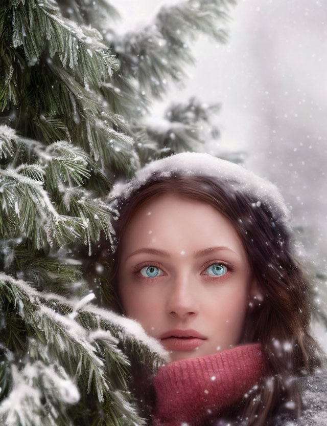 Person with blue eyes in winter scene with snowflakes and pine branches