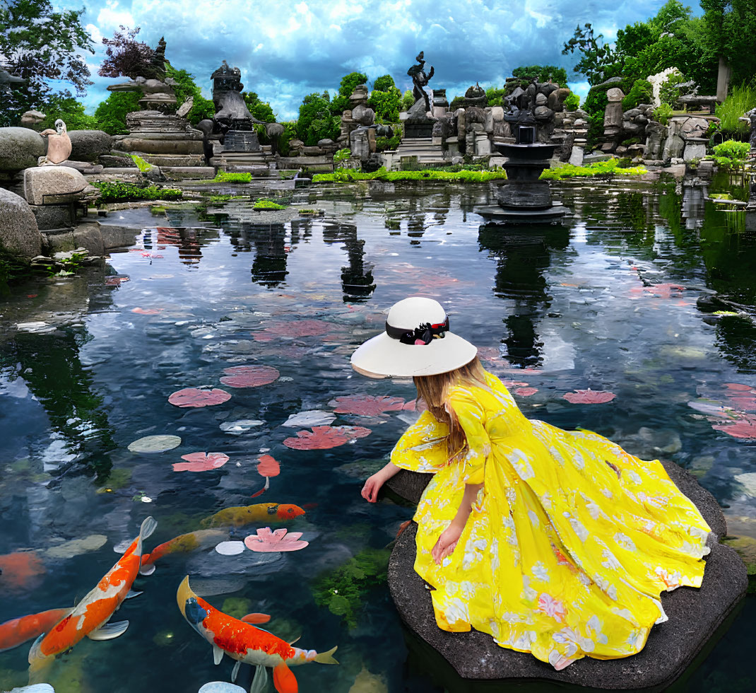 Woman in Yellow Dress by Koi Pond with Stone Statues