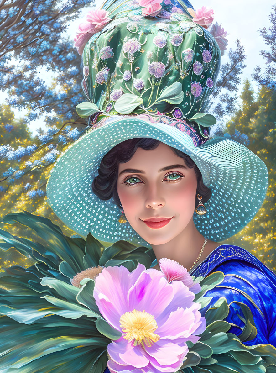 Smiling woman with floral hat in blue dress against sunlit trees