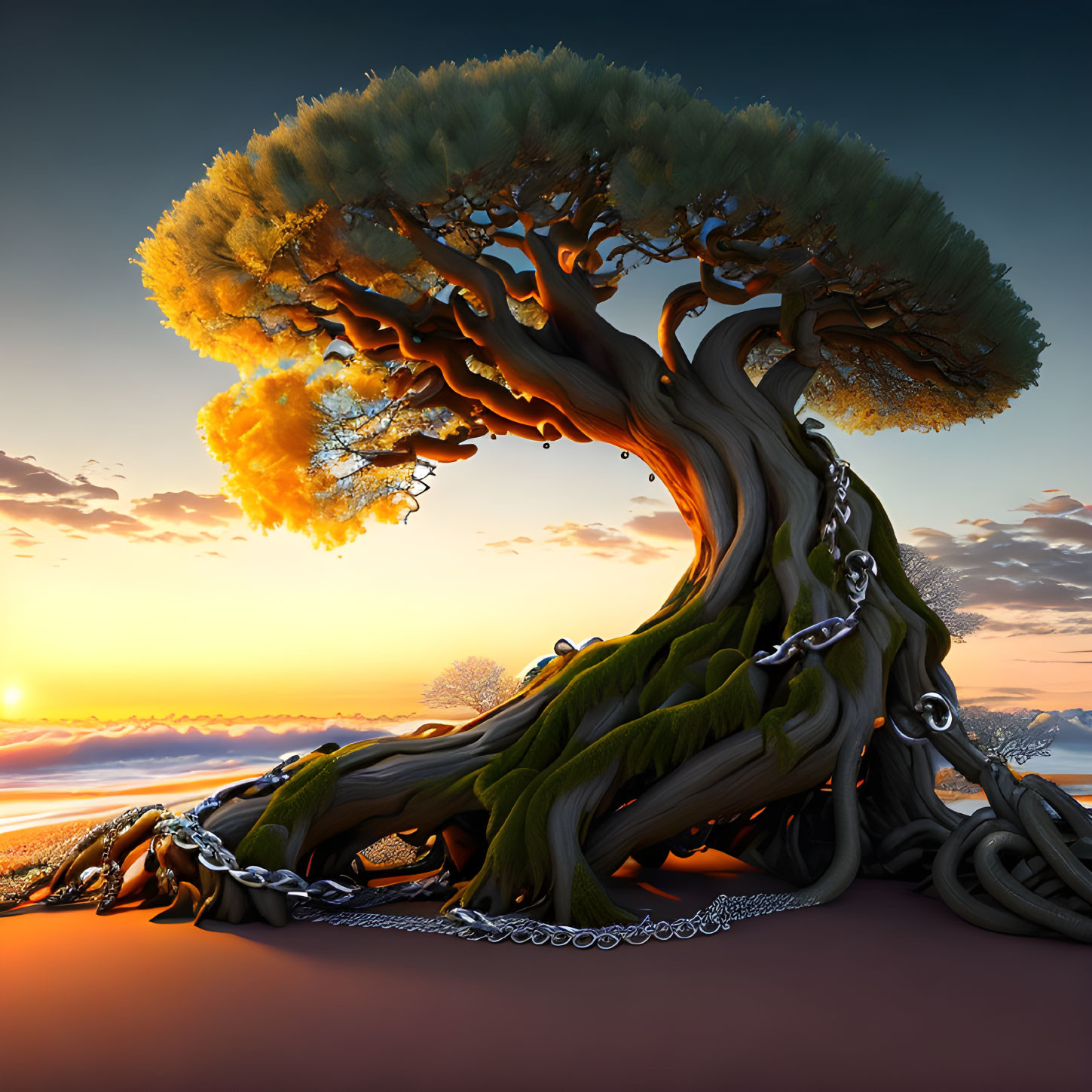 Twisted roots and chains on fantastical tree at sunset