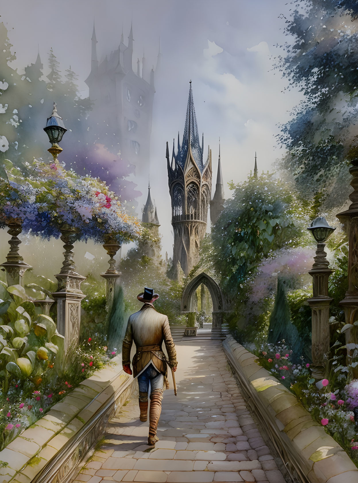 Historical figure approaching gothic castle in vibrant garden scenery