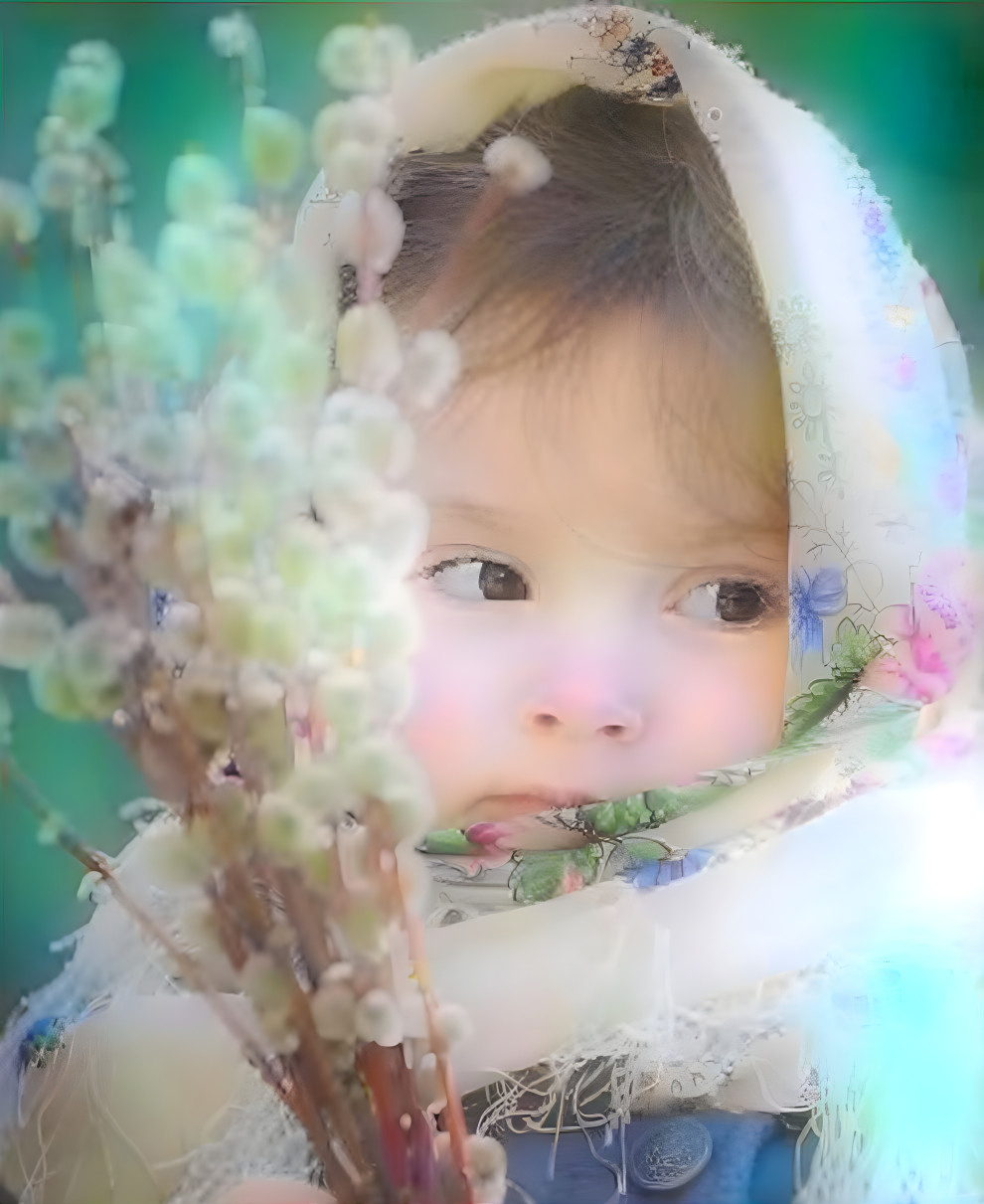 Baby girl with willow twigs on Palm Sunday 