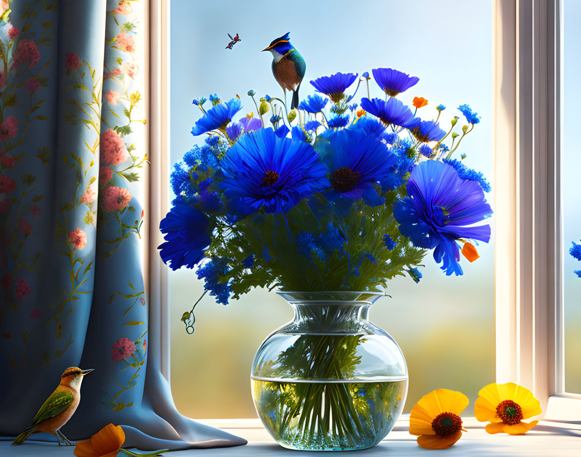 Blue Flowers Bouquet in Glass Vase with Birds on Windowsill