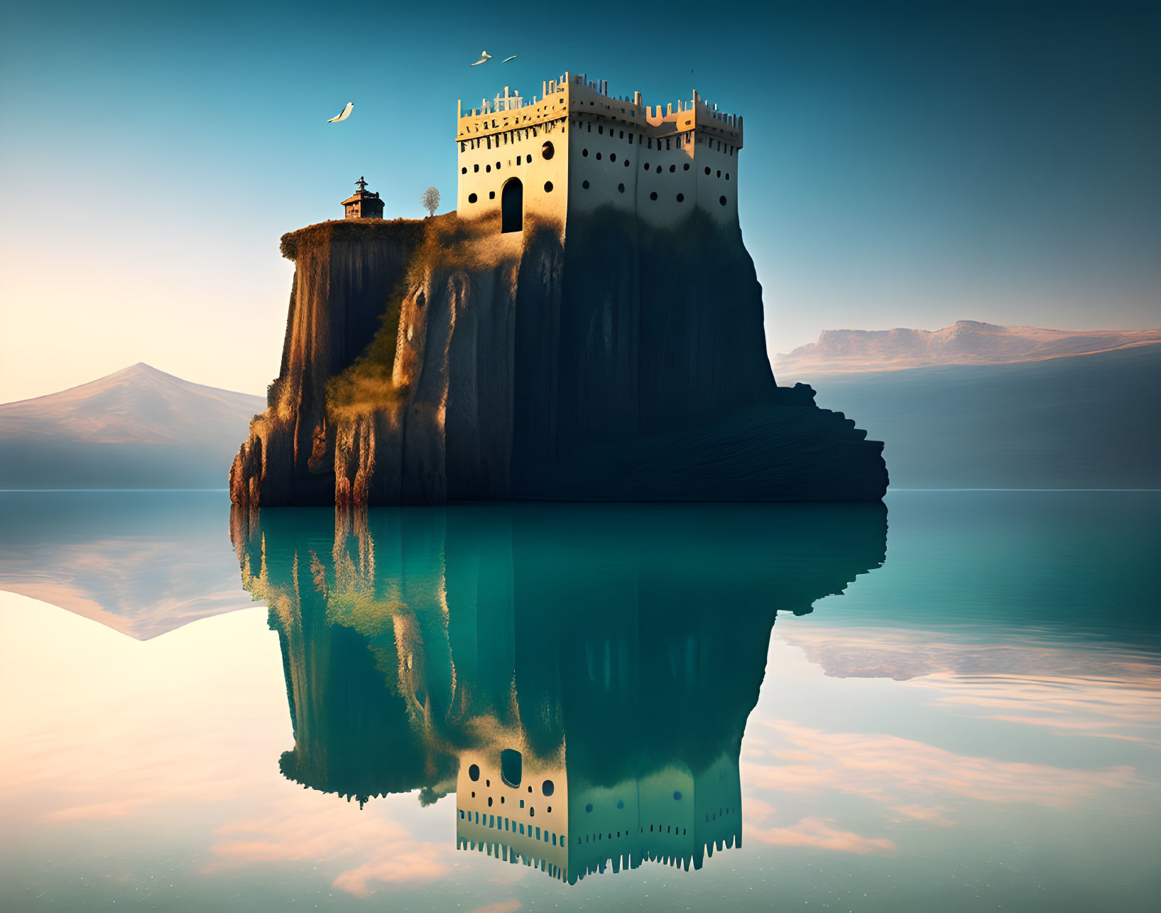 Castle on Steep Cliff Reflected in Tranquil Waters