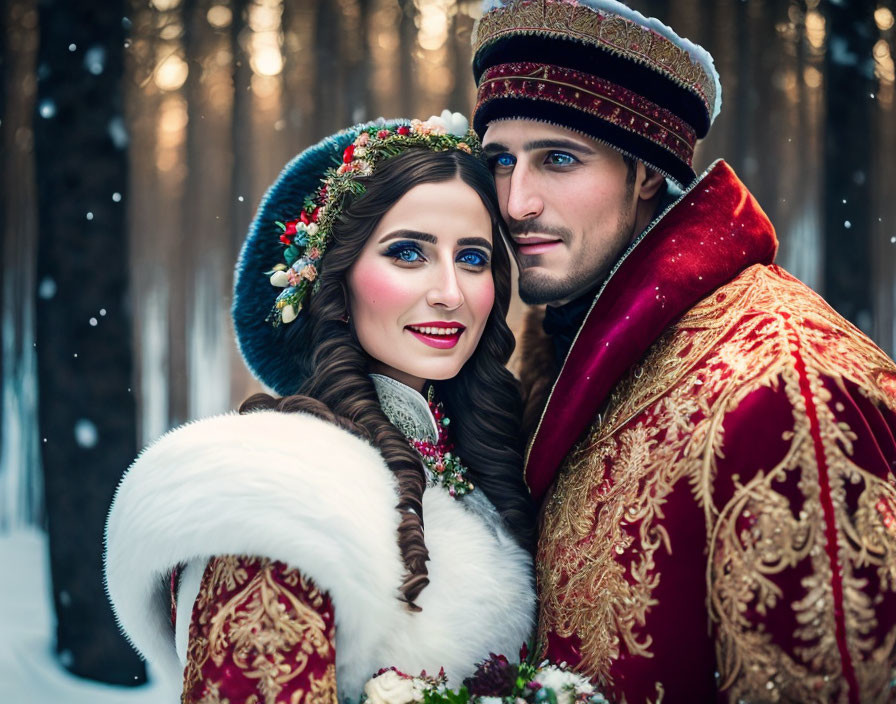 Traditional Attire Couple Poses Affectionately in Snowy Forest