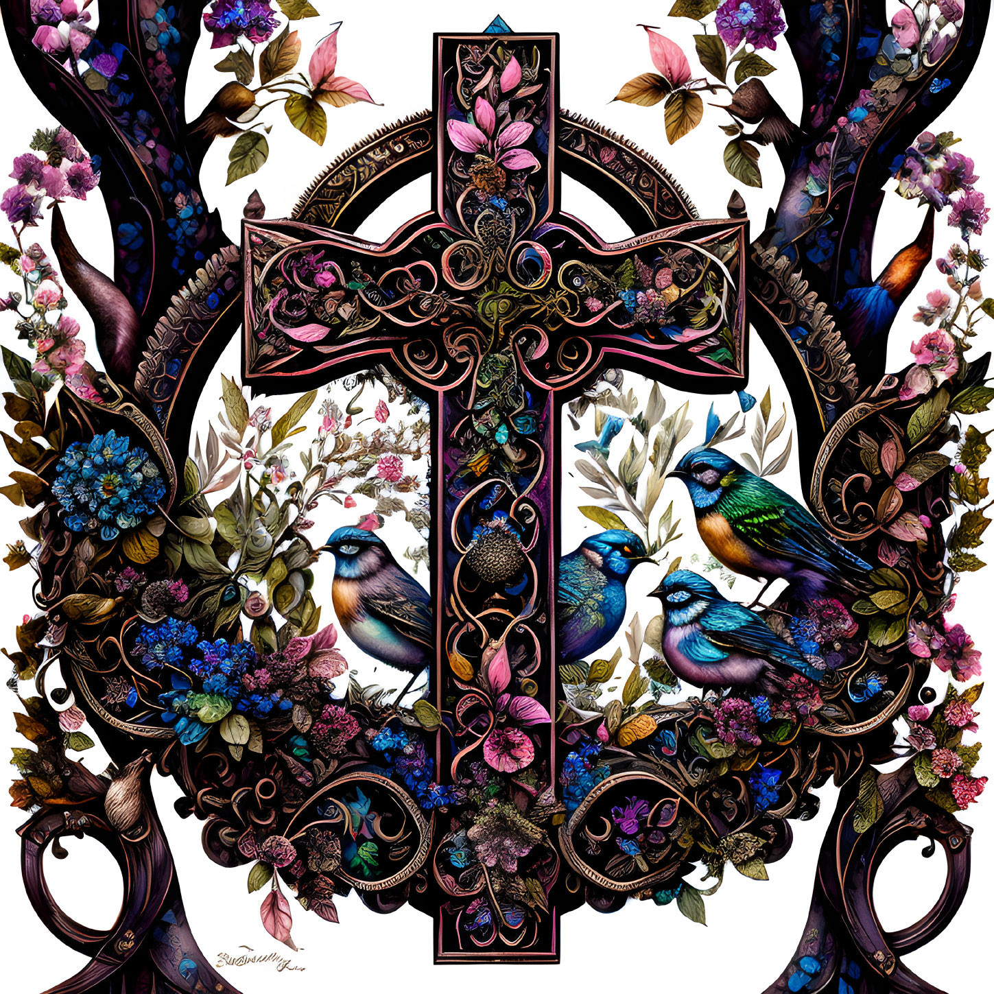 Colorful Birds and Flowers Surround Ornate Cross in Symmetrical Design