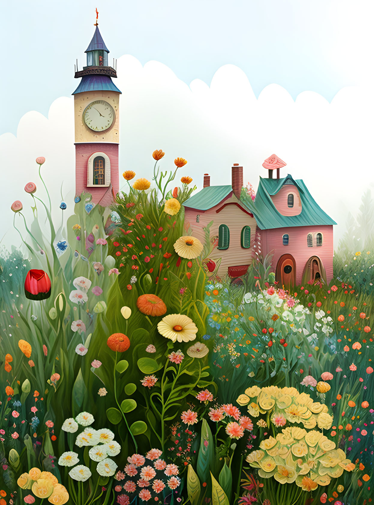 Whimsical pink house with red roof in lush garden and clock tower.