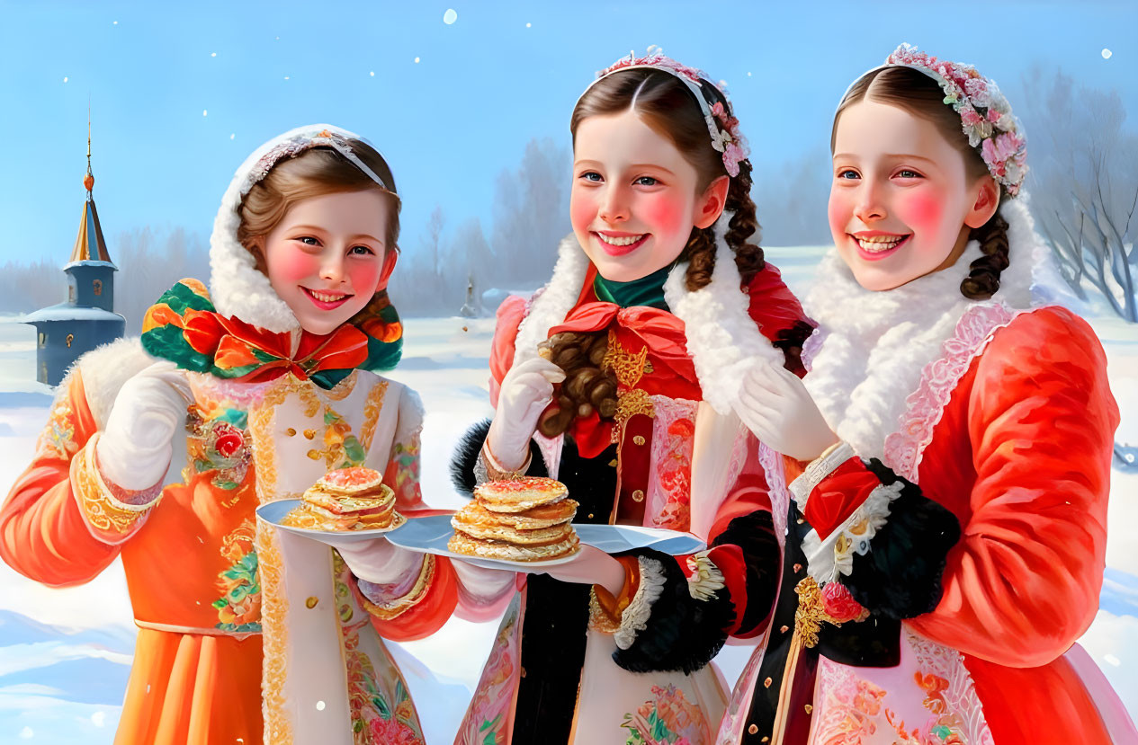 Three smiling girls in traditional Russian winter attire with pancakes in snowy landscape.