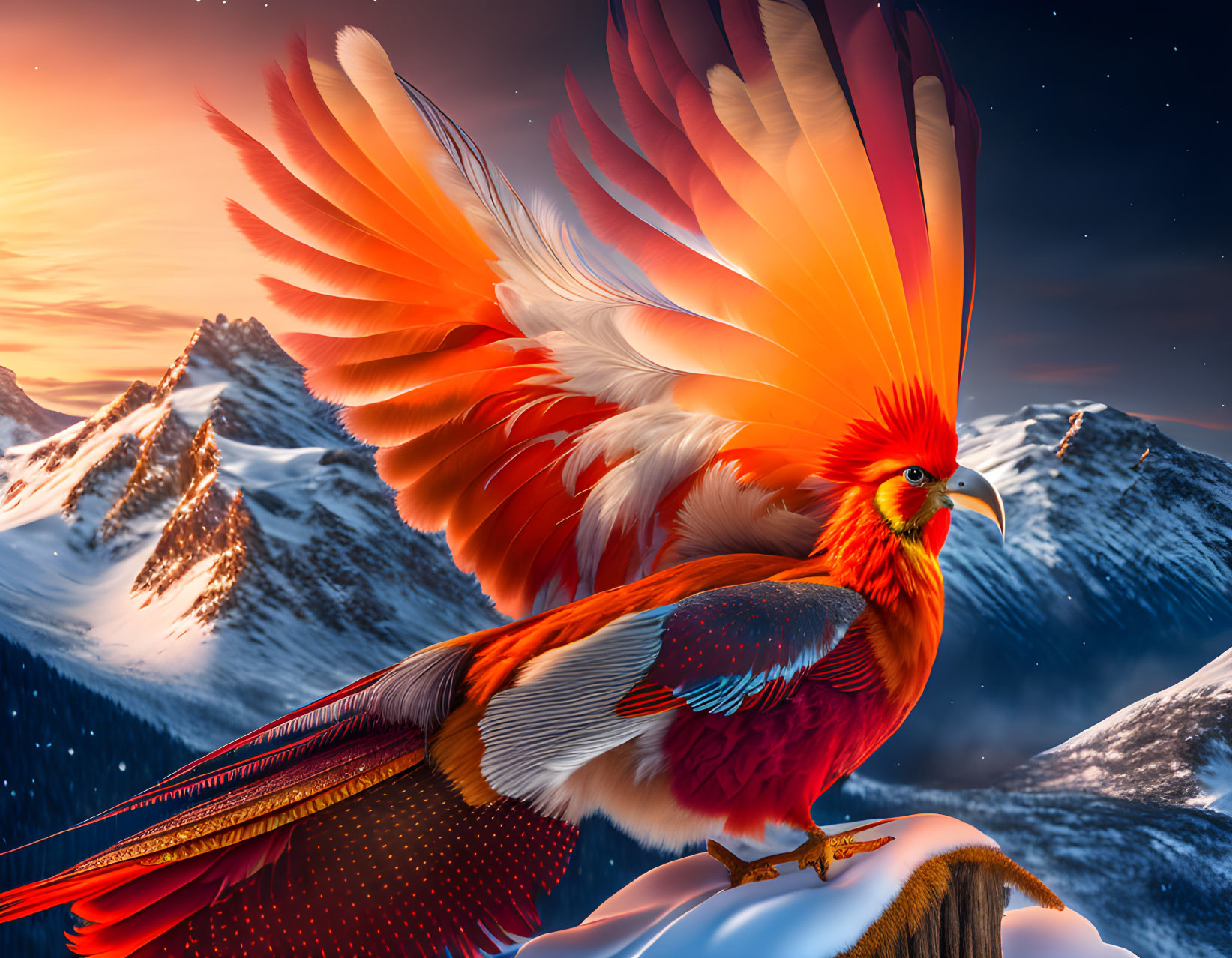 Mythical bird resembling a phoenix on cliff with snowy mountains & twilight sky