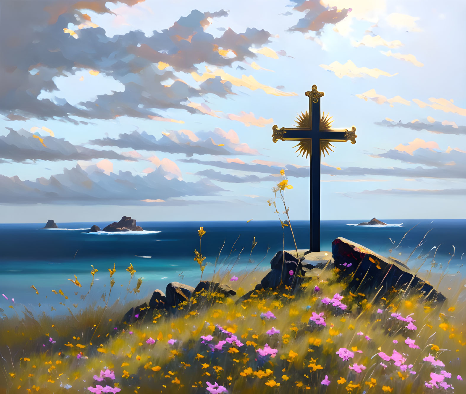 Ornate cross on cliff with wildflowers, calm sea, islands, and cloudy sky