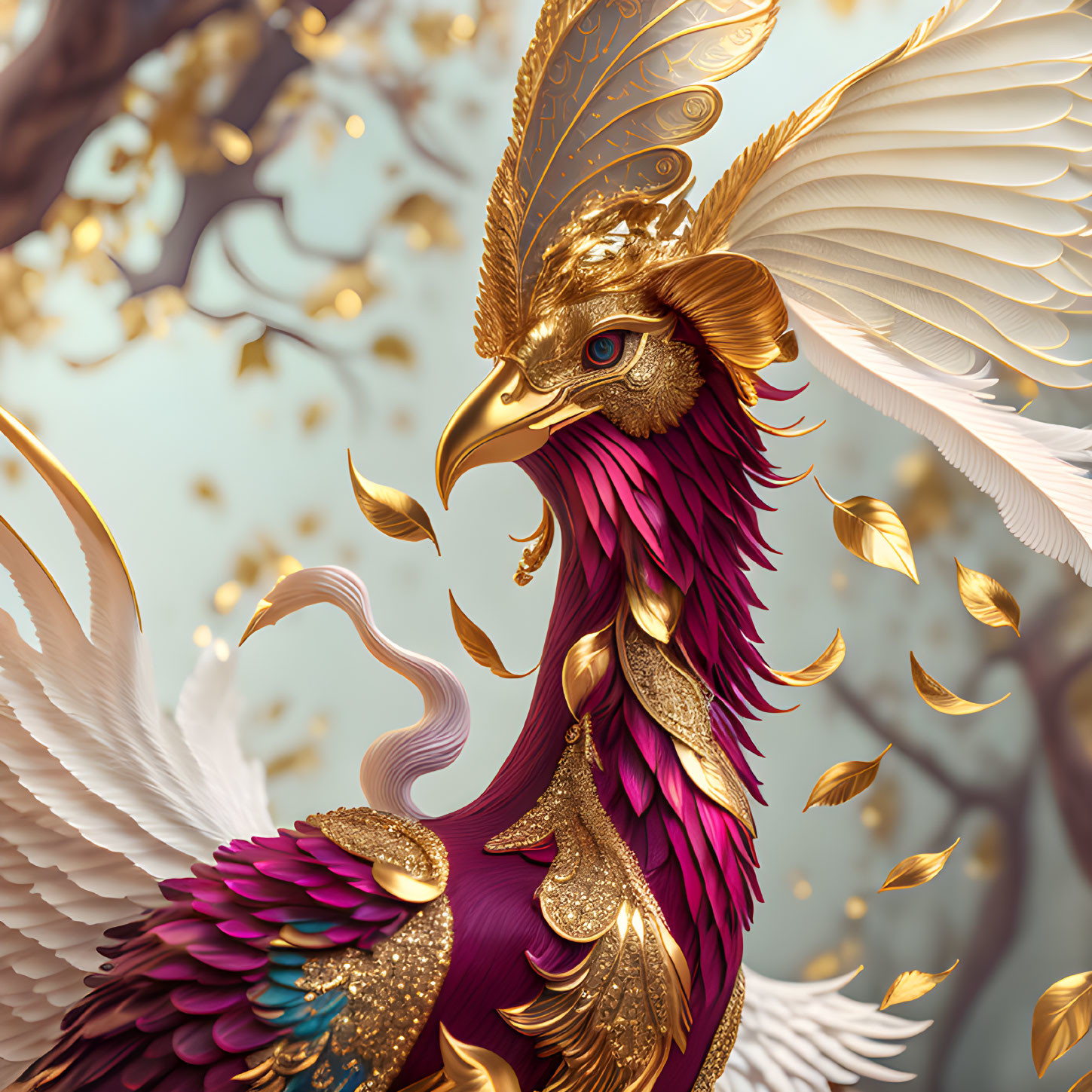 Illustration of majestic bird with golden head adornments, white and gold wings, vibrant pink feathers,