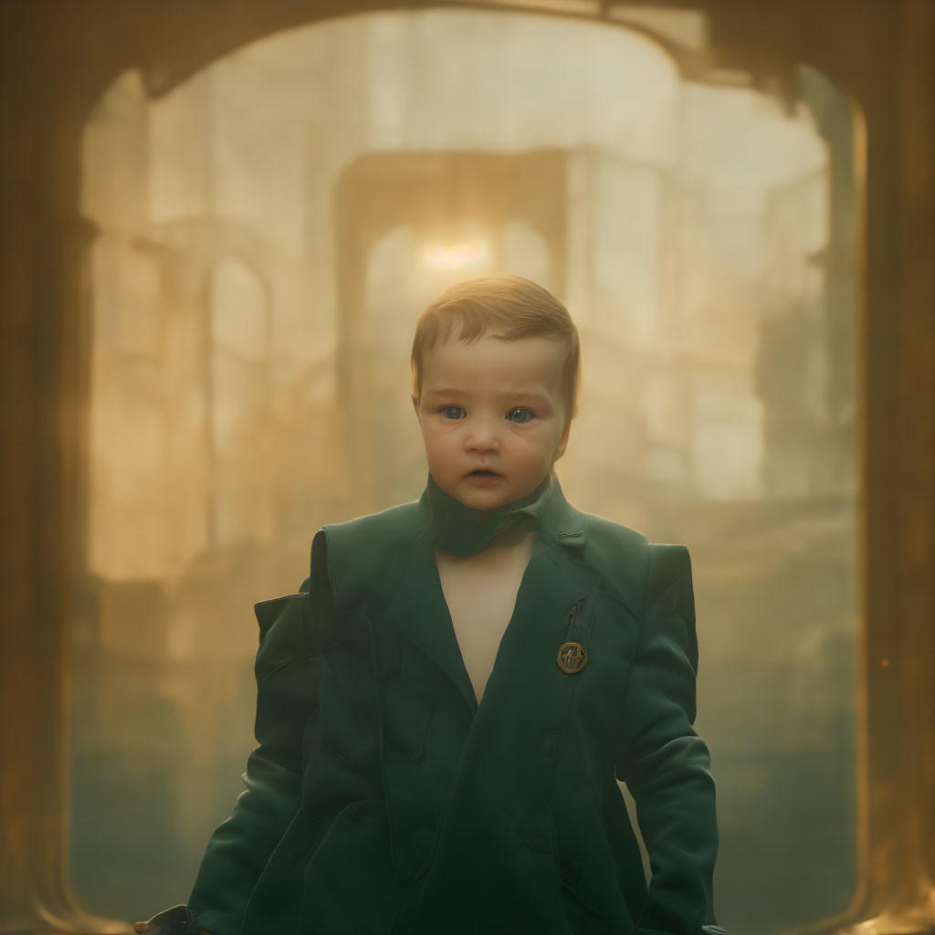 Toddler in Green Suit with Bow Tie in Misty, Archaic Hallway