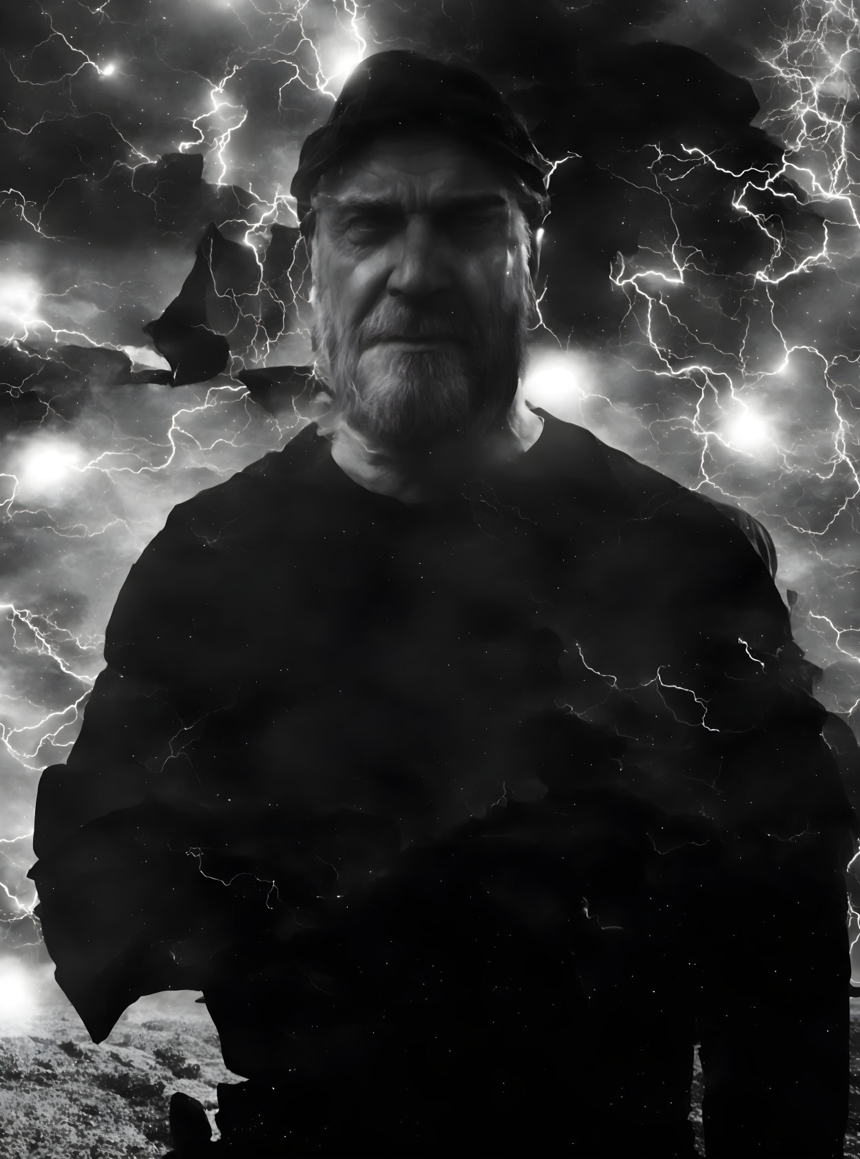 Monochrome portrait of stern man with beard in dramatic lightning background